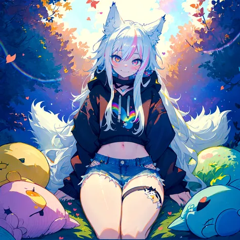 a cute adult male with wolf ears, long white hair, long locks, has a wolf tail, wearing a loose cropped black hoodie, wearing a pair of denim short shorts and fishnet stockings, thick thighs, wide hips, relaxing on mountain of fluffy multi colored kawaii p...