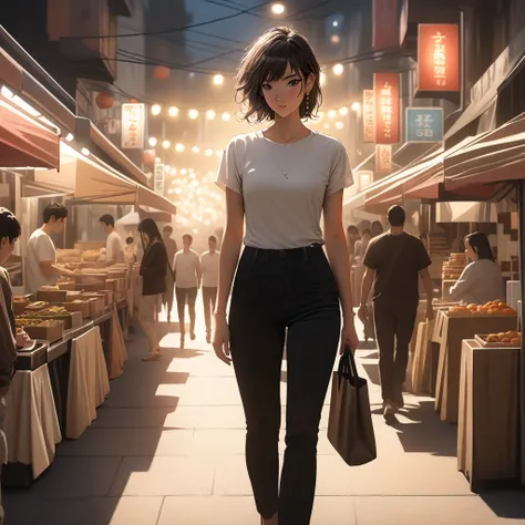 (best quality, 8k, masterpiece, highres, ultra-detailed), photorealistic, Tsukasa Hojo style, woman, black skinny jeans, white T-shirt, high heels, walking, night market, sophisticated makeup, earrings, delicate features, soft shadows, casual elegance, sub...