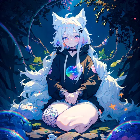 a cute adult male with wolf ears, long white hair, long locks, has a wolf tail, wearing a loose cropped black hoodie, wearing a ...