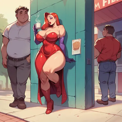 a fat boy is with jessica rabbit, she has big breasts and a big ass, she is dressed in a red dress and long boots, they are drinking coffee on the street