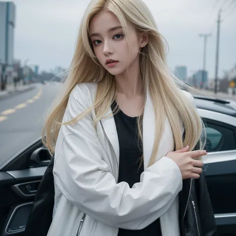 background: road
Characteristics: a girl with blonde hair  and her hair is long, wearing a small jacket color black and inside the small jacket there is a white shirt, she is holding the jacket, next to the jacket there is a name called "leen" and the name...