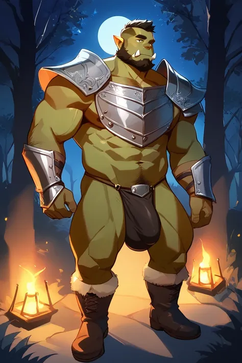 score_9, score_8_up, score_7_up, solo, male focus, mature male, orc, green skin, tusks, beard, outdoors, (micro armor) , base of penis , shoulder armor, breastplate, upper body, closed mouth, pauldrons, night, night sky, boots  , shirtless , (black g-strin...