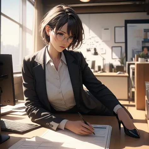 (best quality, 8k, masterpiece, highres, ultra-detailed), photorealistic, Tsukasa Hojo style, woman, tailored suit, heels, sharp haircut, glasses, working in office, professional expression, delicate features, soft shadows, sophisticated look, subtle detai...