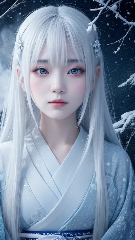 A fantastic and fascinating illustration of Yuki-onna, Characters from Japanese folk tales, Set against the backdrop of a snowstorm and swirling snowy mountains. She has been a long time, Her silver and white hair gleams in the icy environment., Make up fo...