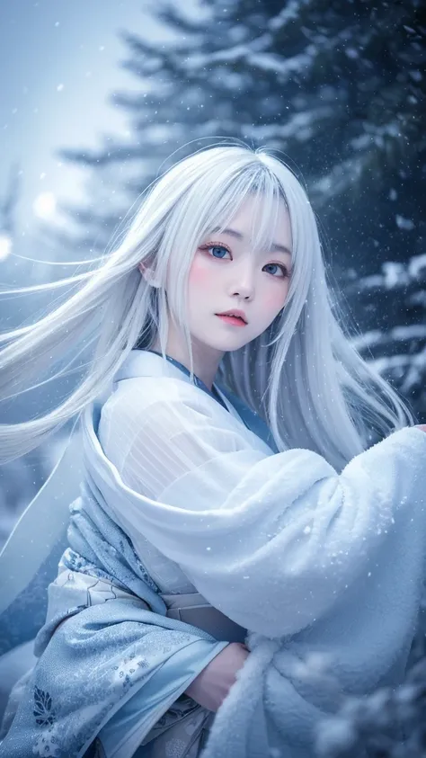 A fantastic and fascinating illustration of Yuki-onna, Characters from Japanese folk tales, Set against the backdrop of a snowstorm and swirling snowy mountains. She has been a long time, Her silver and white hair gleams in the icy environment., Make up fo...