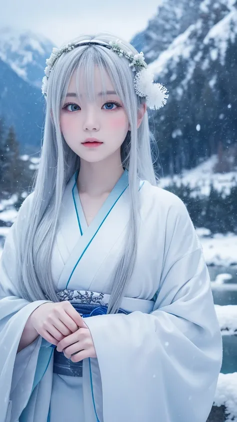 A fantastic and fascinating illustration of Yuki-onna, Characters from Japanese folk tales, Set against the backdrop of a snowstorm and swirling snowy mountains. She has been a long time, Her silver and white hair gleams in the icy environment., Make up fo...