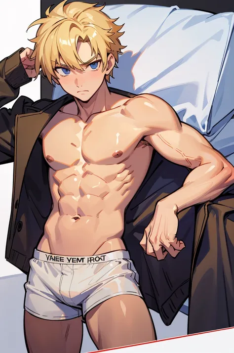 Create the design of a 16-year-old Caucasian blonde male character for a hentai manga, do it in underwear and without a shirt. 