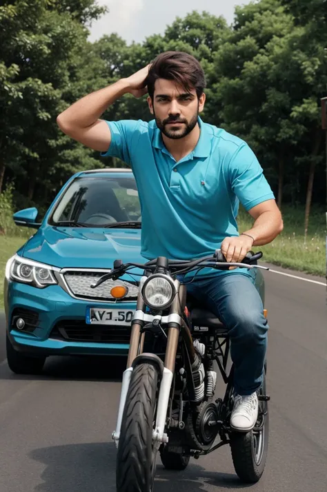 Man driving car and behind bike is there on single 