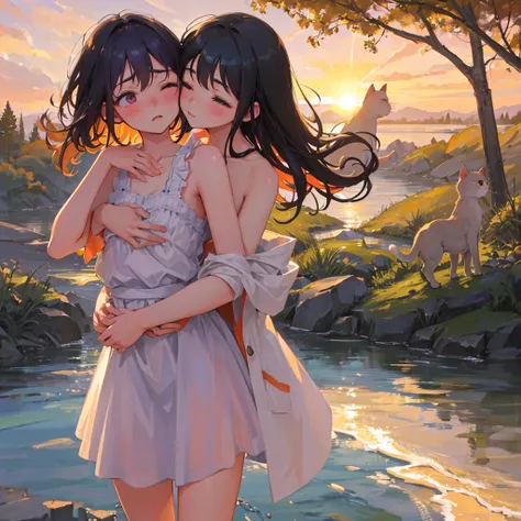 (finely best quality illustration:1.2), (kawaii girl:1.1), (1girl, solo:1), (cat :1.2), (2 girls, 8 years old, loli, , little, kawaii, cute, small breasts, ultra detailed eyes:1.2), (yuri, kissing, hugging from behind, grabbing, half-closed eyes, eye conta...