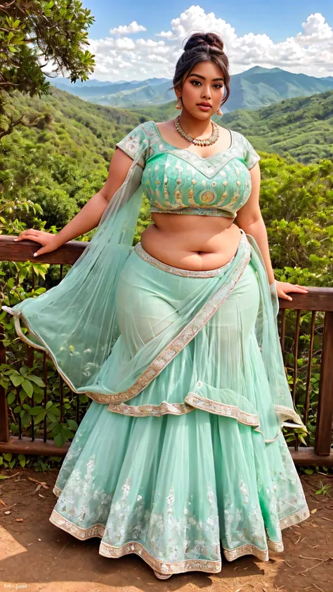 indian beautiful woman sexy curvy plus size model wearing mint green color designing lehenga choli facing to camera in standing ...