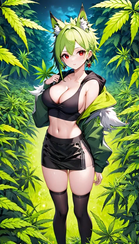   , Croped, , cleavage, slim waist, cropped hoodie underboob, cropped hoodieunderboobhoodie, 1girl, 2 wolf ears, wolf tail, marijuana crop hoodie, crop shorts, marijuana hoodie, spiky hair, spiky fur, green hair, red eyes,marijuana field, tight clothes, pe...