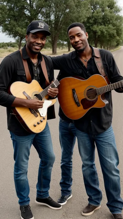 Two black men, one of them with your guitar, at dusty crossroad talking