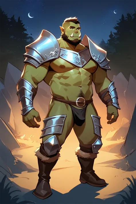 score_9, score_8_up, score_7_up, solo, male focus, mature male, orc, green skin, tusks, beard, outdoors, (micro armor) , shoulder armor, breastplate, upper body, closed mouth, pauldrons, night, night sky, standing , boots  , shirtless , (black g-string) , ...