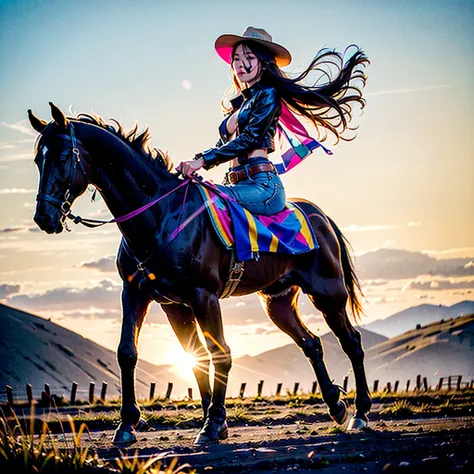 A cowgirl riding on horseback across the prairie, galloping freely, with the wind blowing through her hair and the sun casting a golden glow upon her rugged features, girl wears a cowboy hat, a weathered leather jacket, and worn-out boots, each step of the...