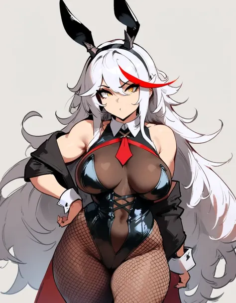 1girl, aegir (azur lane), azur lane  masterpiece, best quality, very aesthetic, absurdres, newest  sportive body,   by nyantcha,,by cutesexyrobutts,by khyle ///// white hair with a single prominent red streak, black horns, yellow eyes,  bunnysuit without b...