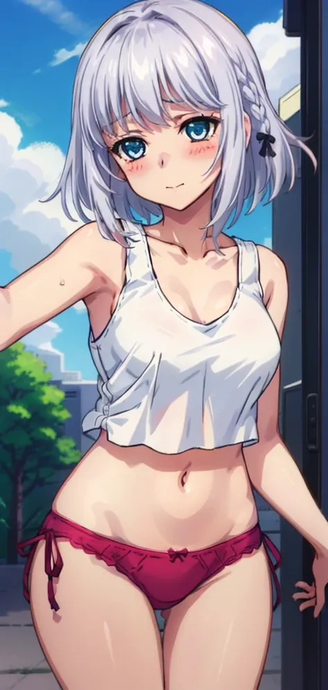 1 girl, kanon kanase,  , blush, medium breasts, sleeveless,((stylish outfit, cropped tank top, navel, panties)), Dynamic pose,  20-year-old, healthy skin. Upper_body. Silver hair. 