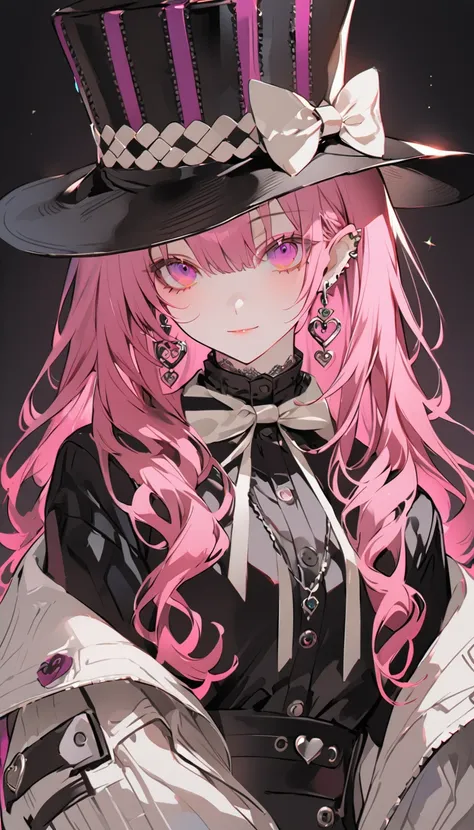 an anime style video game character with pink hair and black and white jacket, 1girl, solo, hat, long hair, top hat, heart, bow,...