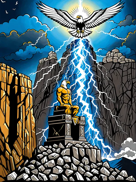 Illustrate a conceptual scene signifying power. Visualize an ancient stone throne, situated at the peak of a soaring cliff. The sky behind the throne anticipates an impending storm, and the wind forcefully sweeps the cliff, tossing loose rocks aside. An ea...