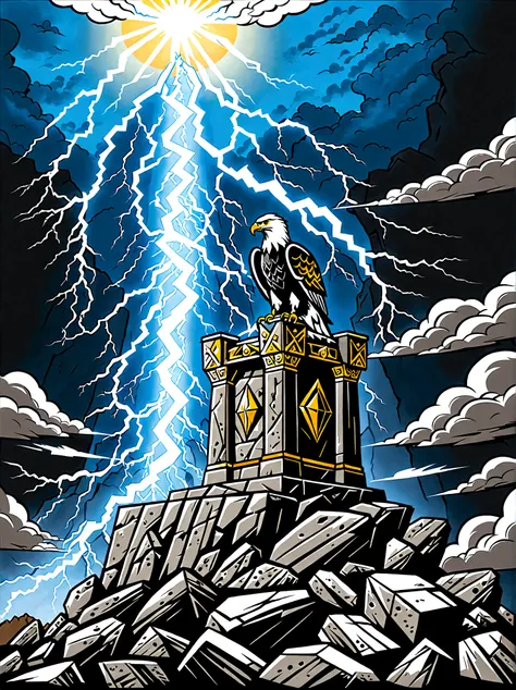 Illustrate a conceptual scene signifying power. Visualize an ancient stone throne, situated at the peak of a soaring cliff. The sky behind the throne anticipates an impending storm, and the wind forcefully sweeps the cliff, tossing loose rocks aside. An ea...