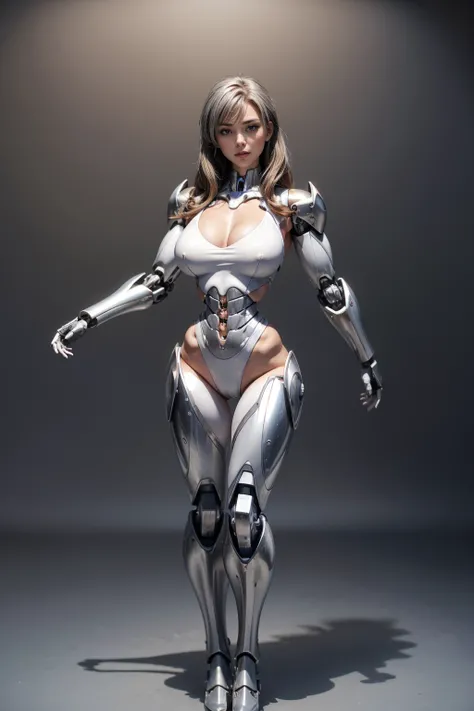 (Muscular:1.8), (thick thighs:1), (large round breasts:1), (large muscular chest and shoulders:1.4), FEMALE, brown hair, long brown hair, (big smile:0), (tight mecha arm, tall cute silver cyborg:1.5), looking at viewer, (three quarter view:1.3), upper body...