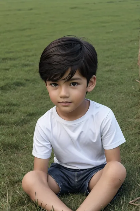 3D image of boy sitting on grass field in day 