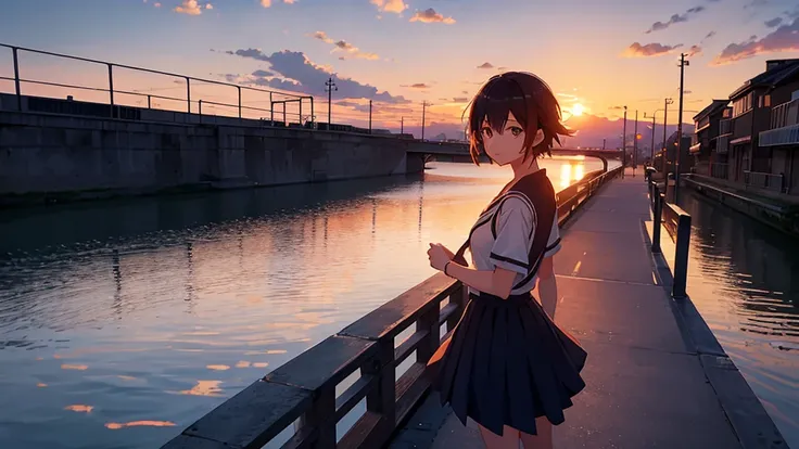 Anime girl watching the sunset on a bridge, The girl has kind eyes，Bridge over the canal, Girl in uniform, silhouette, Orange sunset sky, Makoto Shinkai style, Makoto Shinkai style, 2D