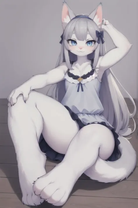 (hi res), ((masterpiece)) , ((best quality)), illustration, furry, 
cat, animal ears, tail, bodyfur, 1girl, POV, upper body, 1girl, solo, long hair, gray hair, *//*, blue eye, *//*, white blouse, looking at viewer, smile,full-length photograph，stretch out ...