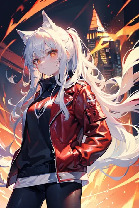 Wolf Girl,Put on a leather jacket,The red jacket is not closed,Wolf logo on jacket,Slit eyes,cool,whole body,What you wear doesn&#39;t stick to your skin,Black Hair,blue Moon,night