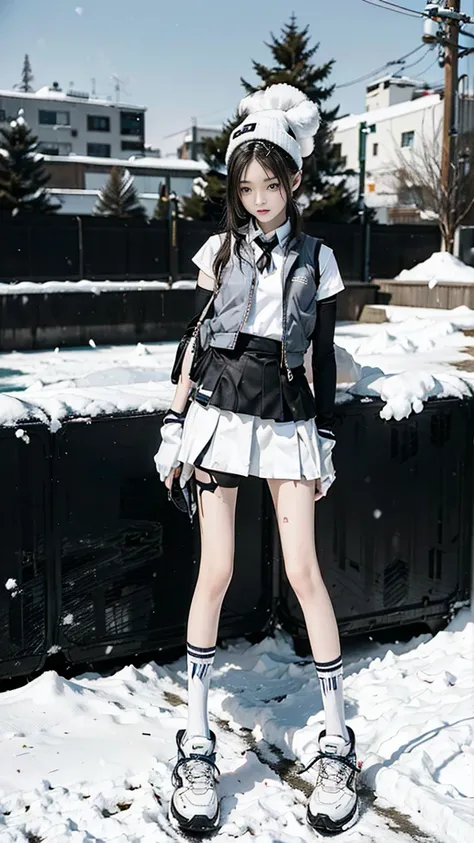 A very thin beautiful girl，16 years old，Height 167cm，Weight 39kg，Waist 52cm，wear uniform，miniskirt，White sports socks，sports shoes，There is a vest line，The legs are very thin，Very white skin，outdoor，Snowy Days