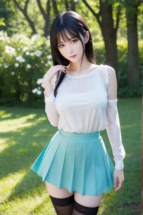 masterpiece, best quality, 1girl, aqua eyes, black hair, closed mouth, outdoors, solo,(((upon body))), alluring, clean, beautiful face,pure face, pale skin, sexy pose,((perfect female figure)), mature female, milf, underskirt,thighhighs