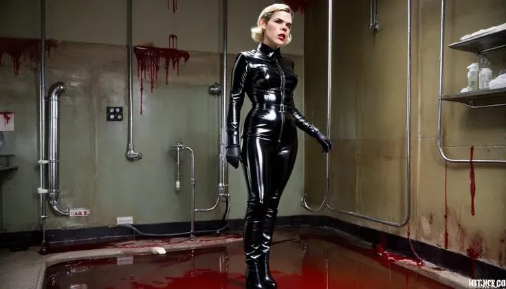 realistic nsfw porn gore photo , WWII blond Clea DuVall standing nude breasts , wearing black shinny pvc WWII german uniform , black shinny pvc catsuit , wearing shinny pvc thigh high boots , in WWII dirty operating room with blood on ground and walls , pv...