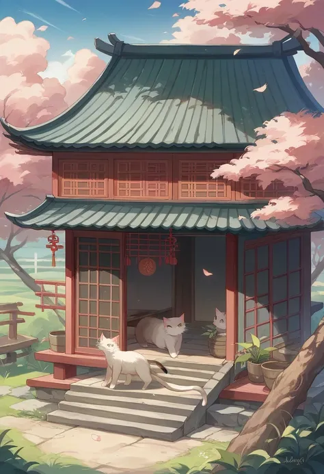 RPG、Fantasy、Cat ear、Cat ear美女、organdy、The lucky cat is located in a circular thatched hut., Chinese Ancient Building Accessories, Cherry tree, Pasture, rockery