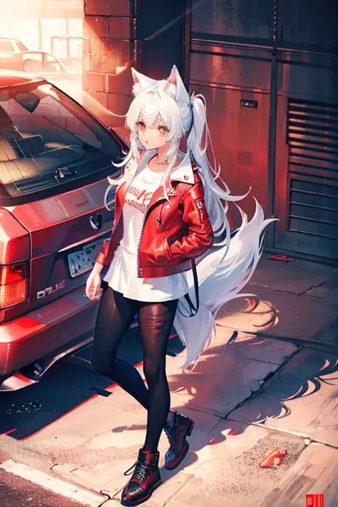 Wolf Girl,Put on a leather jacket,The red jacket is not closed,Wolf logo on jacket,Slit eyes,cool,whole body,What you wear doesn&#39;t stick to your skin,Black Hair,blue Moon,night,wilderness