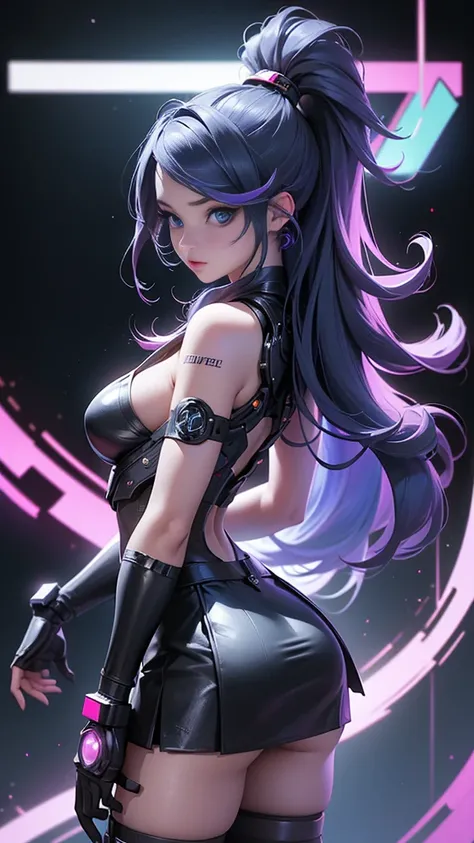 (rear view, backside view),Ariana Grande cyborg, Cybersamurai, naked, long hair, blue eyes, black hair, big breasts, neckline, wide thighs, Science-Fiction, ciborg:1.4, Cyberpunk,( black background shines: 1.25),More detailed 8K.unreal engine:1.4,UHD,La Be...