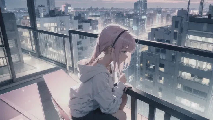 A young girl on a high-rise balcony, leaning on the railing and gazing at the night cityscape. She is listening to music with white headphones, wearing a white tank top and an open pink hoodie. The scene is viewed from the side, showing the girls profile. ...