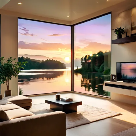 A minimalist and modern living room with a large open window view of a sunset over a peaceful lake. The room features sleek, contemporary furniture with clean lines, neutral tones, and minimalistic decor. The space is brightened by natural light and comple...