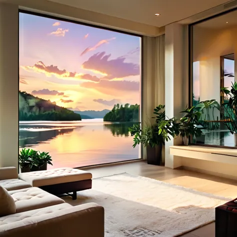 A minimalist and modern living room with a large open window view of a sunset over a peaceful lake. The room features sleek, contemporary furniture with clean lines, neutral tones, and minimalistic decor. The space is brightened by natural light and comple...