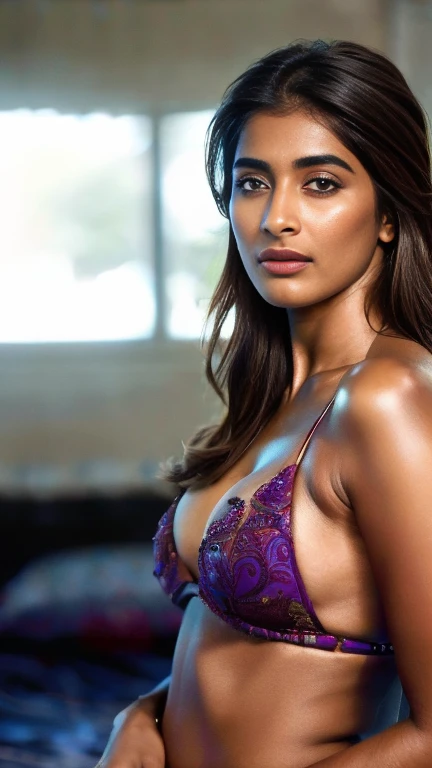 extreme close up photo of semi naked Pooja hegde,slim, bikini, bedroom, (cinematic:1.3), intricate details, (ArtStation:1.2), cold room, lean eyebrow