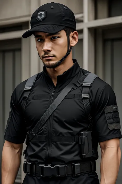 anime, man with straps on his eyes, tactical clothing weapons caps black color, tactico
