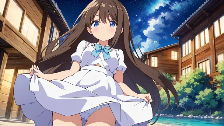 A nice white shirt that lets you see. 、Light blue flared skirt with ruffles、She lifts her skirt with both hands to show off her pretty white underwear.、Cute white underwear visible when you lift your skirt.、sandy beach, beautiful sea, night and starry sky ...