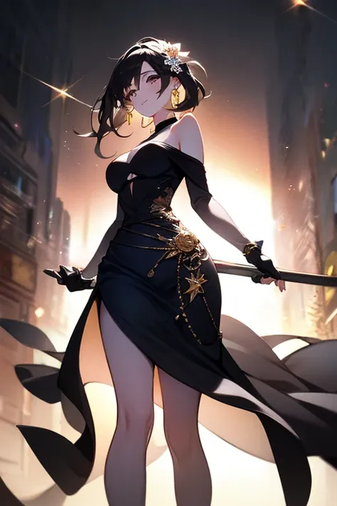 Anime style beutiful woman, 1girl,fullbody, happy, (with sparkling eyes and a contagious smile:1.2), red face, closed mouth, beautiful detailed eyes, super detailed skin, backlighting, bare shoulders, black background, black dress, black gloves, black hair...