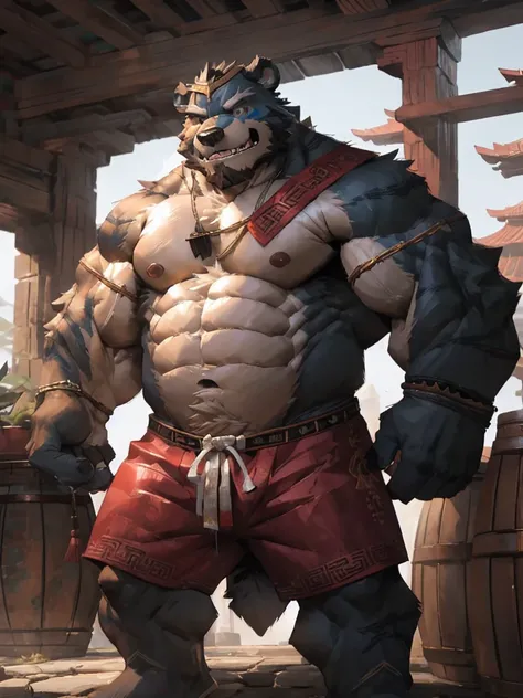 furry character，A very tall and strong bear，He was bare-chested and wearing a pair of cloth shorts，he is a chinese bandit boss，With a fierce look on his face，he is middle age，The Bandit Stockade，ancient style，by lindong