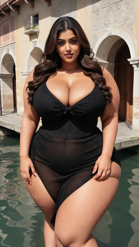 Indian gorgeous curvy plus size actress madhubala, glowing eyes, wearing SHEIN LUNE Ladies Plus Size Vertical Stripe Shirt Dress, black and White color, parted lips, thick thighs, bigger waist, busty, curvy plus size body, full body, full body shot, head t...