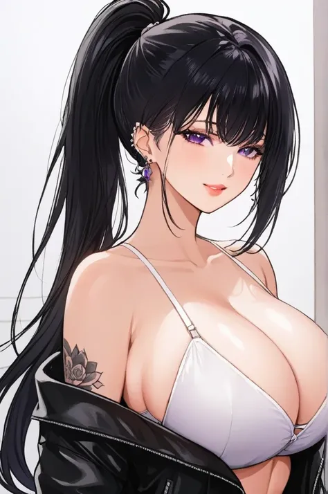 manhwa-artstyle, 1girl, solo, long hair, looking at viewer, smile, black hair, bare shoulders, purple eyes, upper body, white bra ,black jacket, leather pant,Perfect Hands, ponytail, lips piercing,ear piercing , tattoo,big breasts 