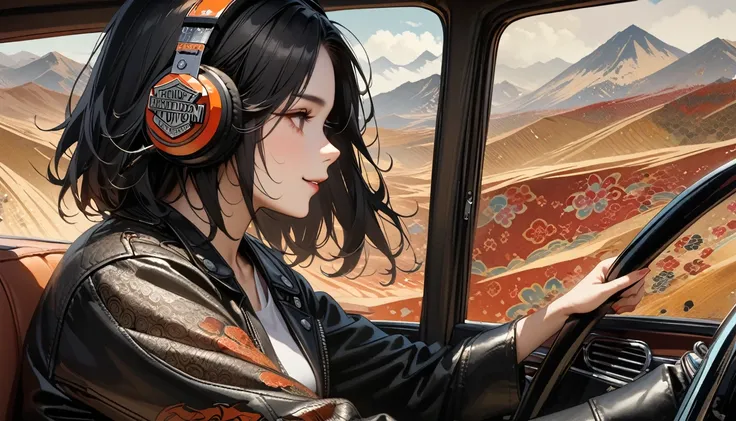 ((8k of extremely detailed CG unit, Masterpiece, high resolution, highest quality, highest quality real texture skin)), (((profile))), (((Japanese pattern leather jacket))), (((Harley-Davidson))), (((Japanese style headphones))), (((sunglasses))), (((Smili...