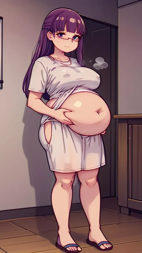 (Full body, glasses), An image of a pregnant girl wearing a tied shirt with her belly on full display. She has a smug face. (Shes very swety and steamy)