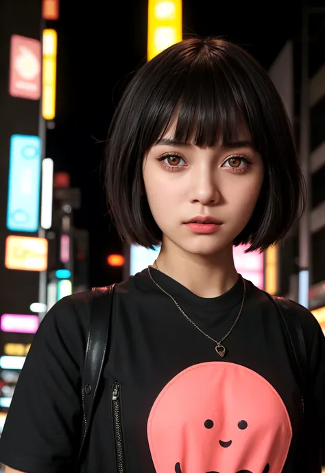 cinematic realistic portrait of a young girl, adolescent, caucasiana, fly away, modern casual dark clothes, alternative style, dolce, nice, Beautiful woman, short hair with bangs, (honey eyes), Nightlife in Tokyo, neon lights