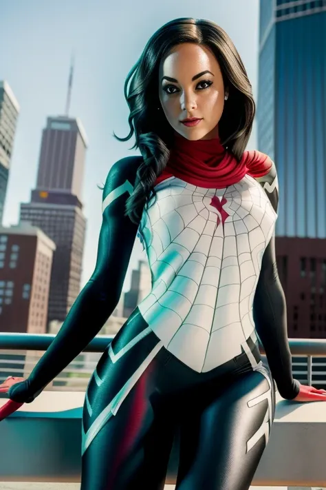 detailed picture of lindsey strutt dressed as spider-gwen, hood, white and black, into the spider-verse, fully clothed, skin tig...