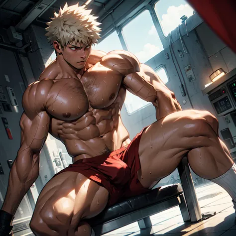 Sexy Man, large pecs, wearing white socks, topless, muscular, perfect anatomy, Half recumbent，CG sense，POV perspective，big legs，Dark atmosphere，8K,Cinematic lighting effects，Textured skin，best quality，Storytelling images, dynamic blur，actionpose，Elevation ...