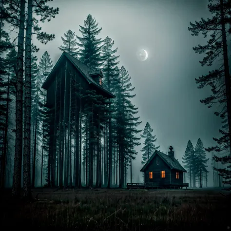 Calm eerie nigh house and forest